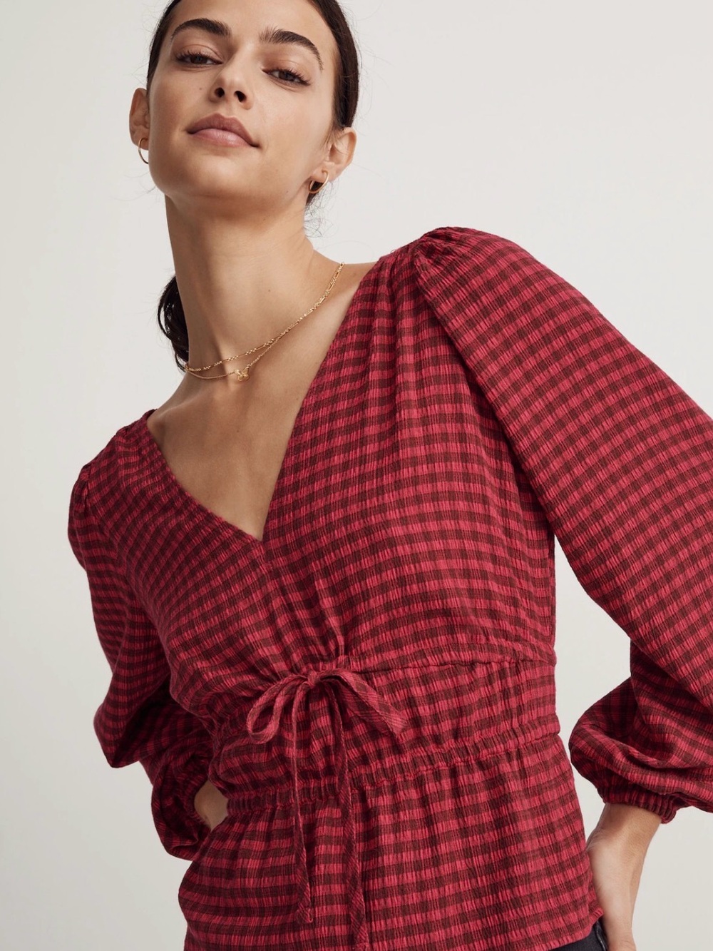 Madewell Crinkled V-Neck Peplum Top in Plaid
